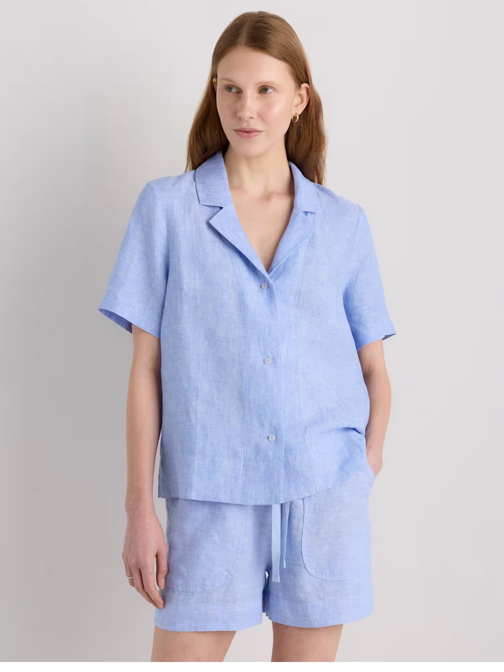 Quince French Blue Linen Short-Sleeve Button Down Top